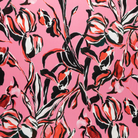 roze stretch tricot met zwart rood wit bloem dessin italiaans import