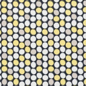 donkerblauw satijnkatoen stretch met wit citroen beige cirkel dessin