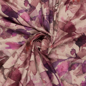 FT poederroze jersey met paars aubergine roze bladeren bedrukt 