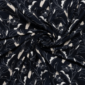 donkerblauw met gebroken wit bloem dessin linnen viscose mix stof
