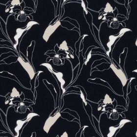 donkerblauw met gebroken wit bloem dessin linnen viscose mix stof