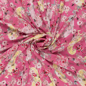roze viscose met room geel cerise bloem dessin italiaans import