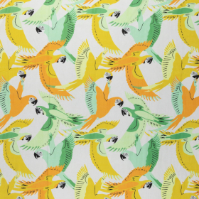 wit viscose met oranje groen oker papegaai dessin bedrukt