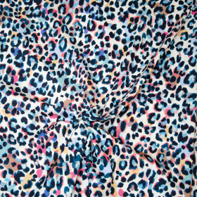 room stretch tricot met blauw petrol roze animal inkjet print