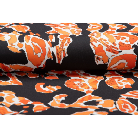zwart satijn katoen stof met stretch met oranje abstracte bloemen