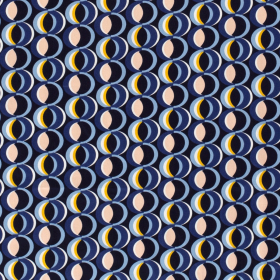 satijn katoen stretch met blauw geel roze grafisch dessin 