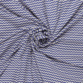 blauw wit linnen viscose stof met zigzag motief