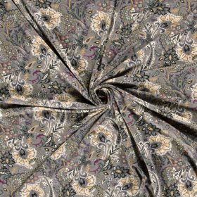 grijs off white paars gebloemd bedrukt viscose tricot stof