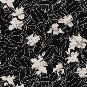 zwart linnen viscose stof met getekend bloem motief