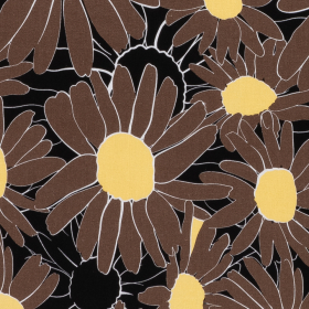 zwart linnen viscose stof met bruin geel bloem motief
