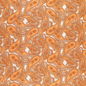 wit stretch tricot stof met oranje paisley dessin