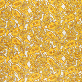 wit stretch tricot stof met geel oranje paisley dessin