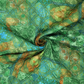 Groen geel turquoise tapestry druk gestepte stof 