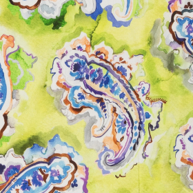 kiwi groen satijn viscose stof met turquoise paars paisley dessin