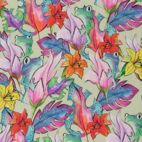 mint viscose stof met geel, framboos, opaalblauw, oranje bloemdessin met kikkers Italiaans import