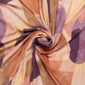 crepe viscose stof met aubergine koraal spicey orange dessin