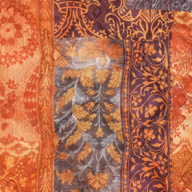 oranje grijs aubergine tapestry druk gestepte stof 