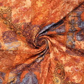 oranje grijs aubergine tapestry druk gestepte stof 