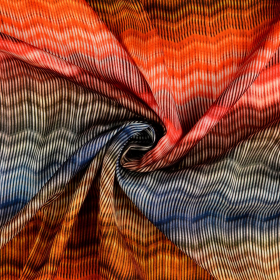 rood geel blauw viscose satijn stof met zig-zag dessin