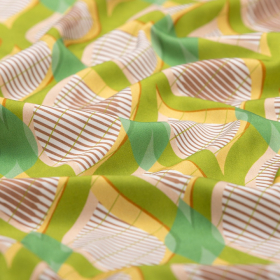 groen geel graftisch bedrukt viscose stof Italiaans import