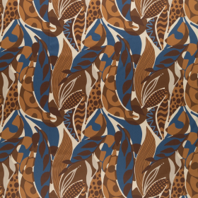 beige stretch satijn katoen stof met camel petrol fantasie blad dessin