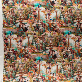 Ivoor satijnzijde met stretch met framboos, fuchsia, zeeblauw victorian style stof