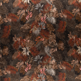 lever viscose satijn met donkerbruin, brique, smoke bladeren bedrukt stof