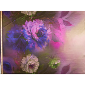 fuchsia viscose satijn met mosgroen, paars groot bloemmotief bedrukt stof
