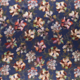 koningsblauw viscose satijn met abrikoos, paars, grijs abstract gebloemd motief bedrukt stof
