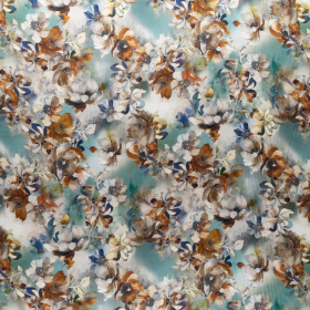 turquoise viscose satijn met blauw, lever, zand abstract gebloemd motief bedrukt stof