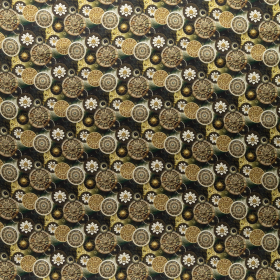 flessengroen viscose satijn stof  met groen, oker kosmos design print