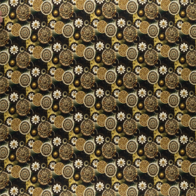 flessengroen punta milano stof  met groen, oker kosmos design print