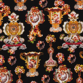 zwart zijde mista satijn stof met wit, groen, rood ornamenten dessin bedrukt Italiaans import