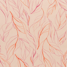 nude roze stretch satijn katoen stof met fuchsia, koraal abstracte bladeren bedrukt