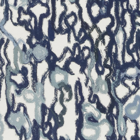 creme stretch tricot stof met blauw fantasie dessin