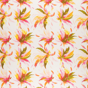 gebroken wit crepe viscose mix stof met oranje, fuchsia, geel bladdessin