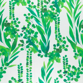 wit batist stof met grasgroen bladdessin