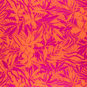 oranje, fuchsia crepe viscose mix stof met bladdessin