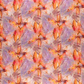lila stretch tricot stof met oranje, oud-roze, rood bladdessin