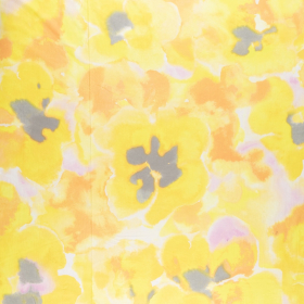 kanariegeel batist stof met eigeel, grijs, licht roze bloem dessin