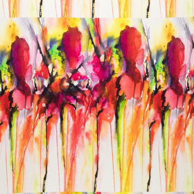 gebroken wit stretch tricot stof met fuchsia, geel, oranje, rood  abstract gebloemd dessin