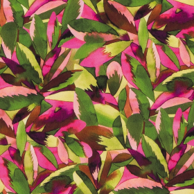 licht groen met fuchsia creool viscose stof met bladdessin Italiaans import