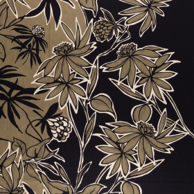 olijf groen katoenen stof met ecru, zwart  bloem dessin