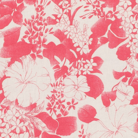 beige linnen hennep mix stof met zacht rood bloemdessin Italiaans import