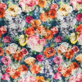 denimblauw stretch satijnkatoen stof met rozen Italiaans import