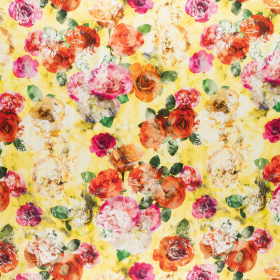 geel stretch satijnkatoen stof met rozen Italiaans import