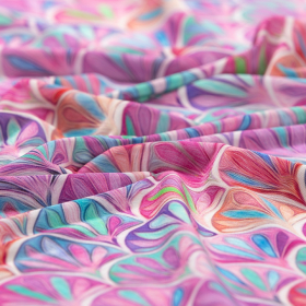 fuchsia cool viscose stof Italiaans import met roze turquoise groen waaier dessin