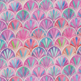 fuchsia cool viscose stof Italiaans import met roze turquoise groen waaier dessin