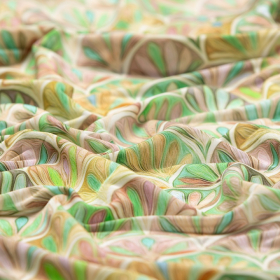 groen cool viscose stof Italiaans import met oud-roze turquoise waaier dessin