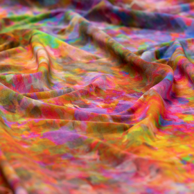 goud-geel cool viscose stof met fuchsia rood groen aquarel dessin Italiaans import